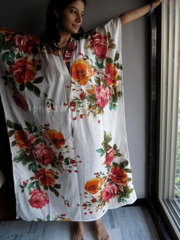 White Large Floral Blossom V-Neck, Ankle Length, Cinched Waist Caftan