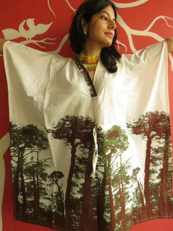 White Tree of Life V-Neck, Knee Length, Cinched Waist Caftan