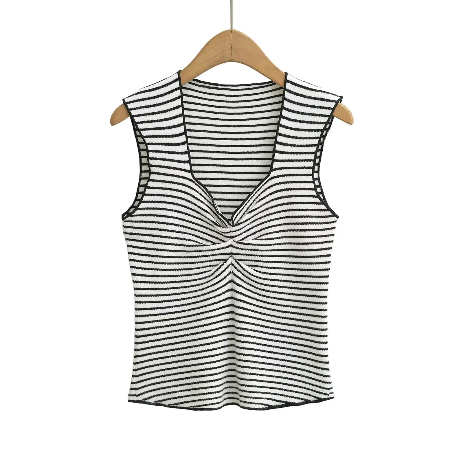 Women Chest Pleated Striped Square Collar Casual Vest