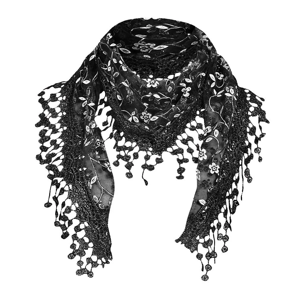 Women Lace Sheer Floral Knit Veil Scarf Hollow Out Crochet Shawl Wraps Tassels Scarves Party Evening Wrap Scarf Ladies