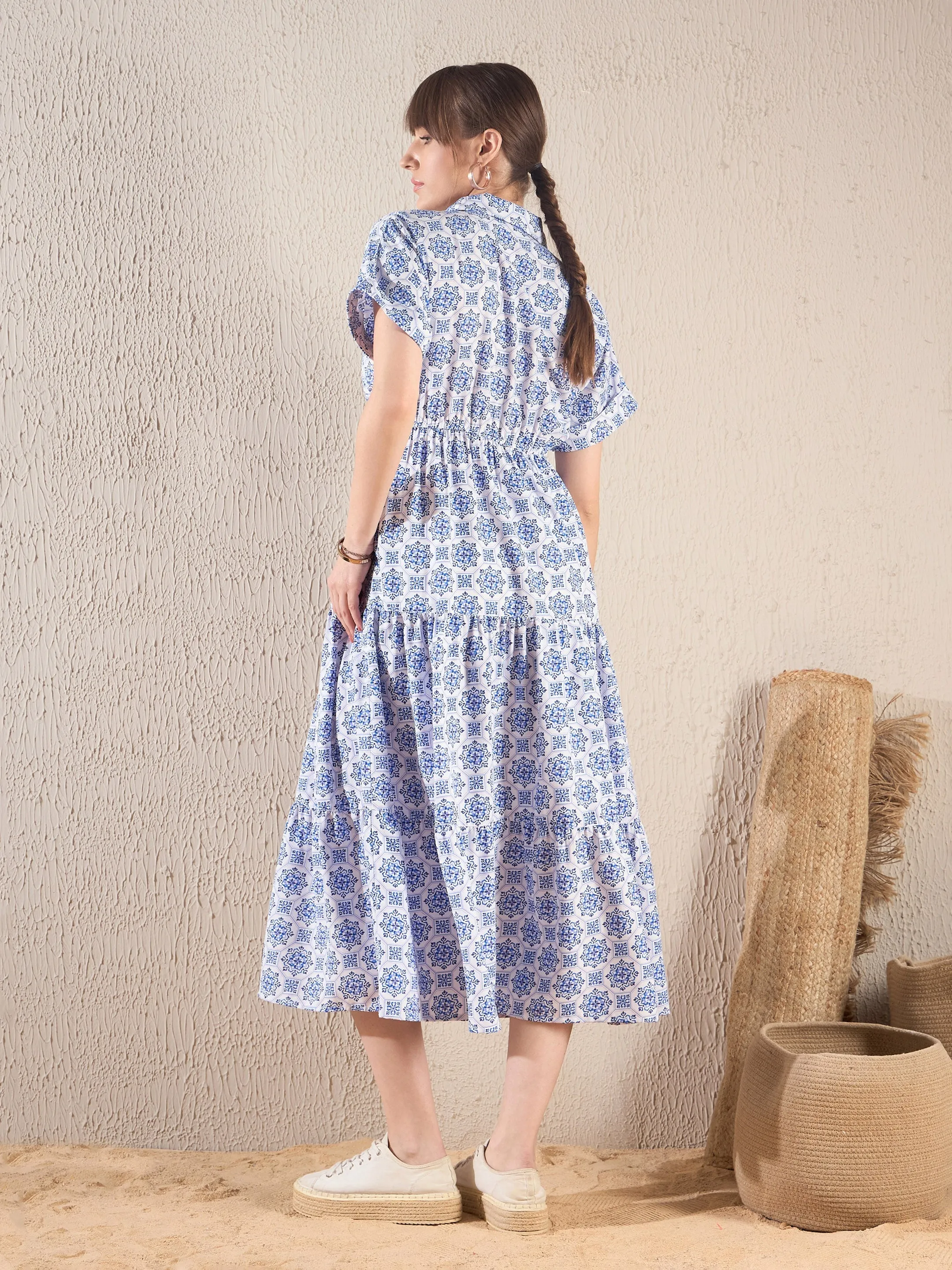 Women Royal Blue Ethnic Print Collar Tiered Midi Dress