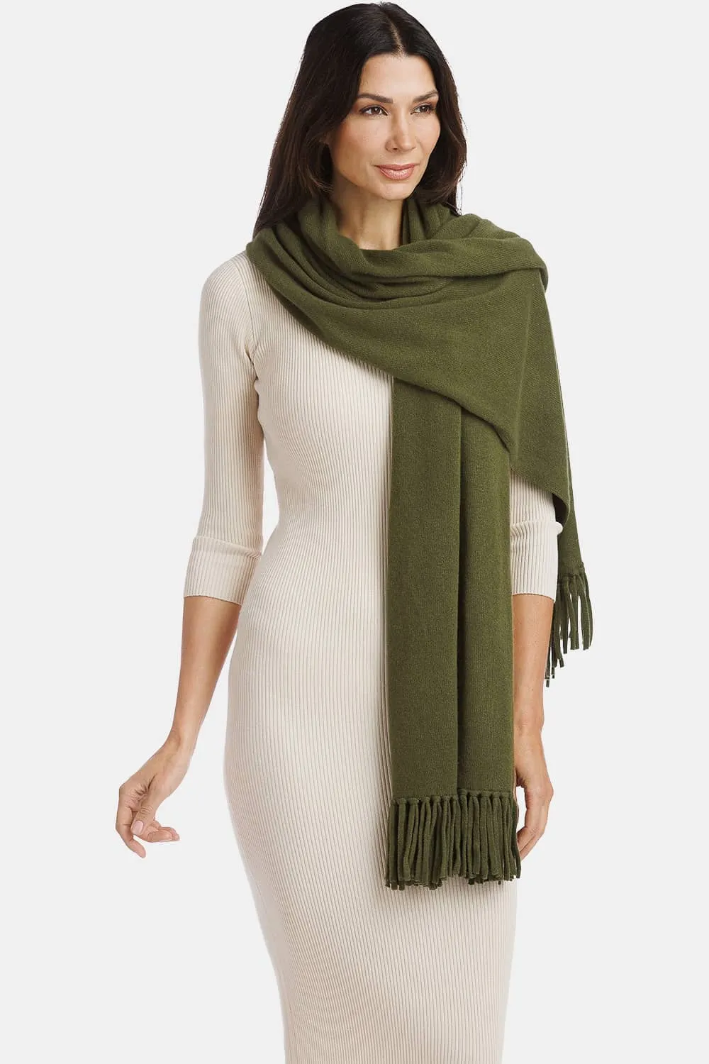 Women's 100% Pure Cashmere Knit Shawl Wrap with Fringe and Gift Box