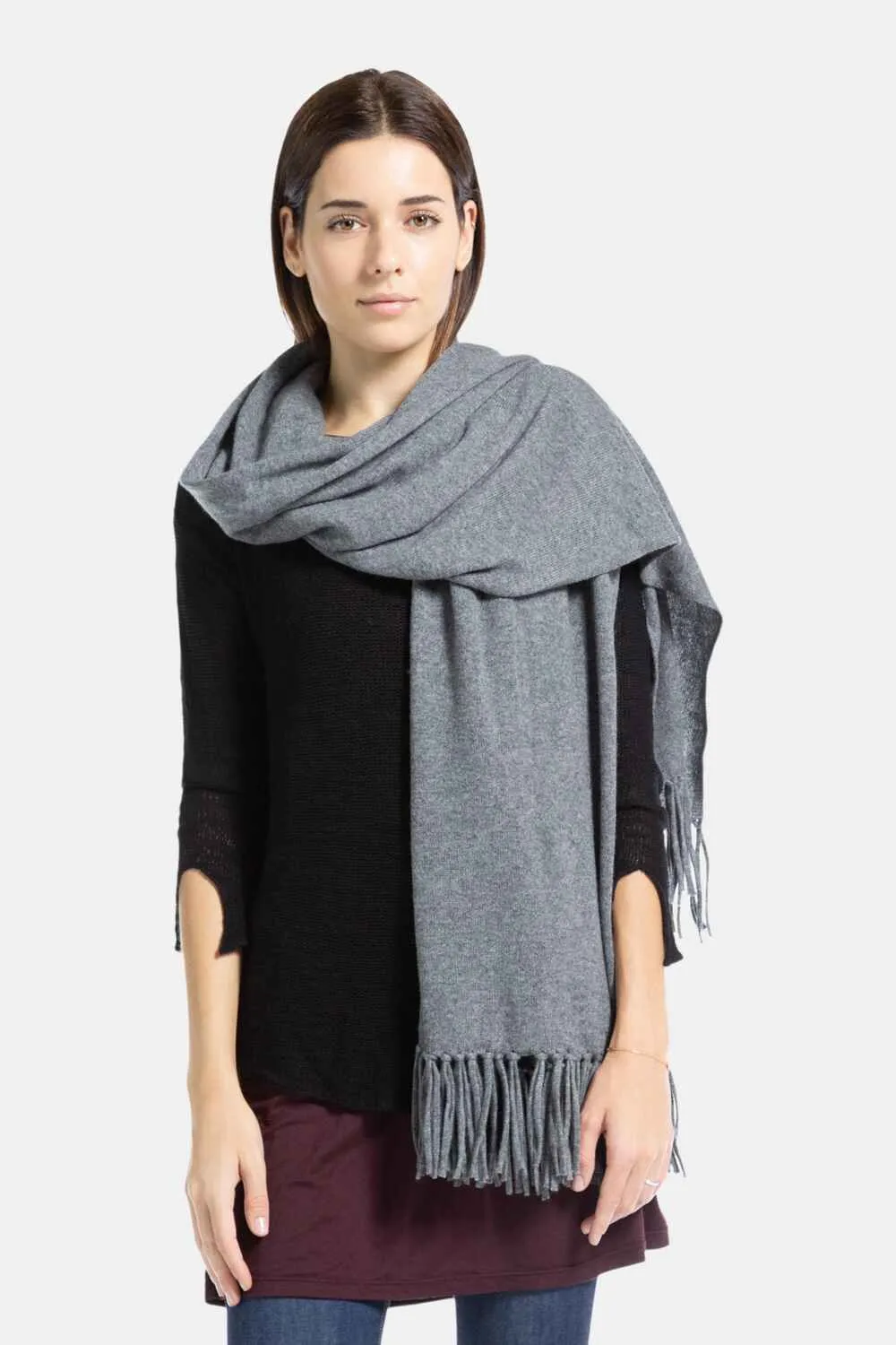 Women's 100% Pure Cashmere Knit Shawl Wrap with Fringe and Gift Box