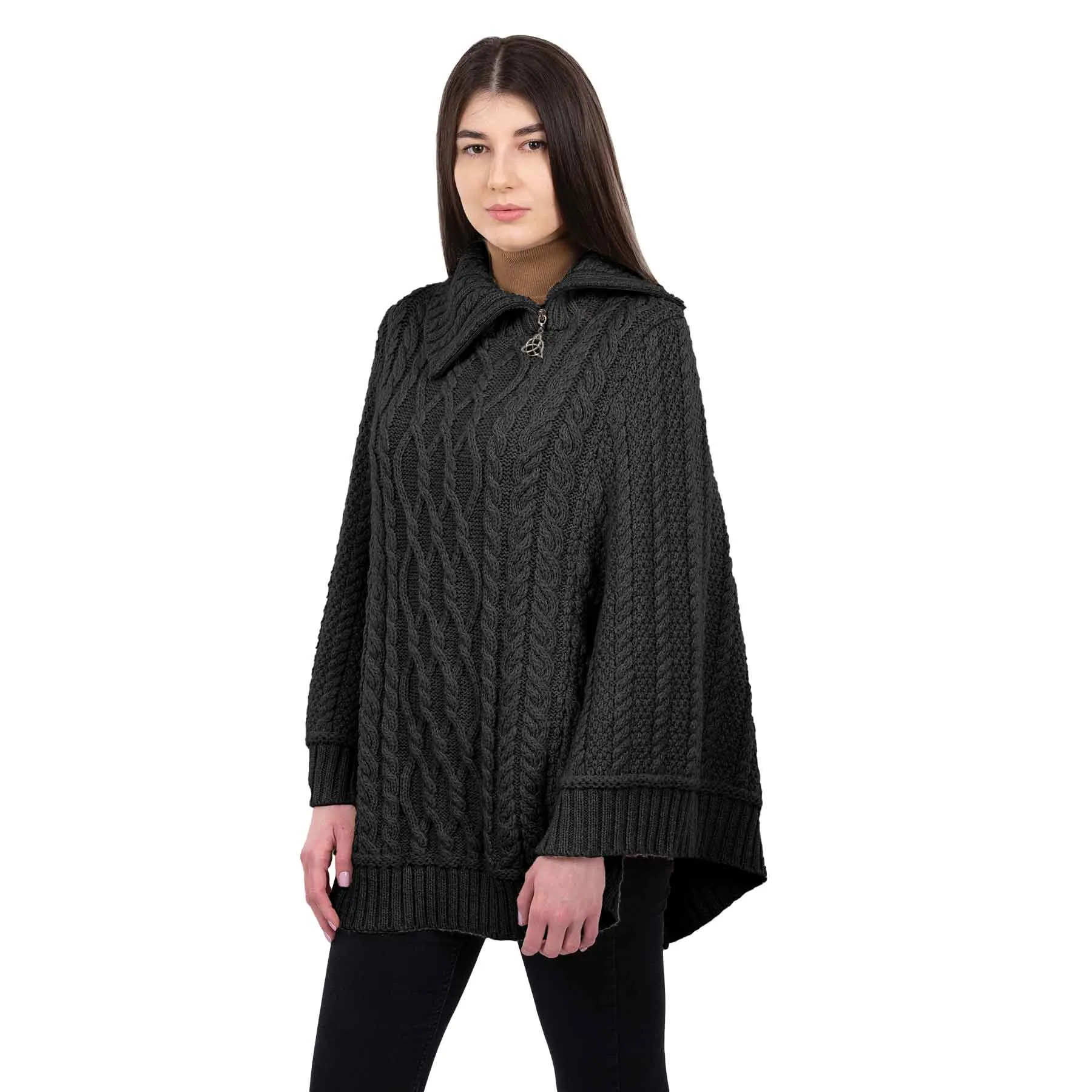 Women's Cowl Neck Zipper Poncho, Charcoal