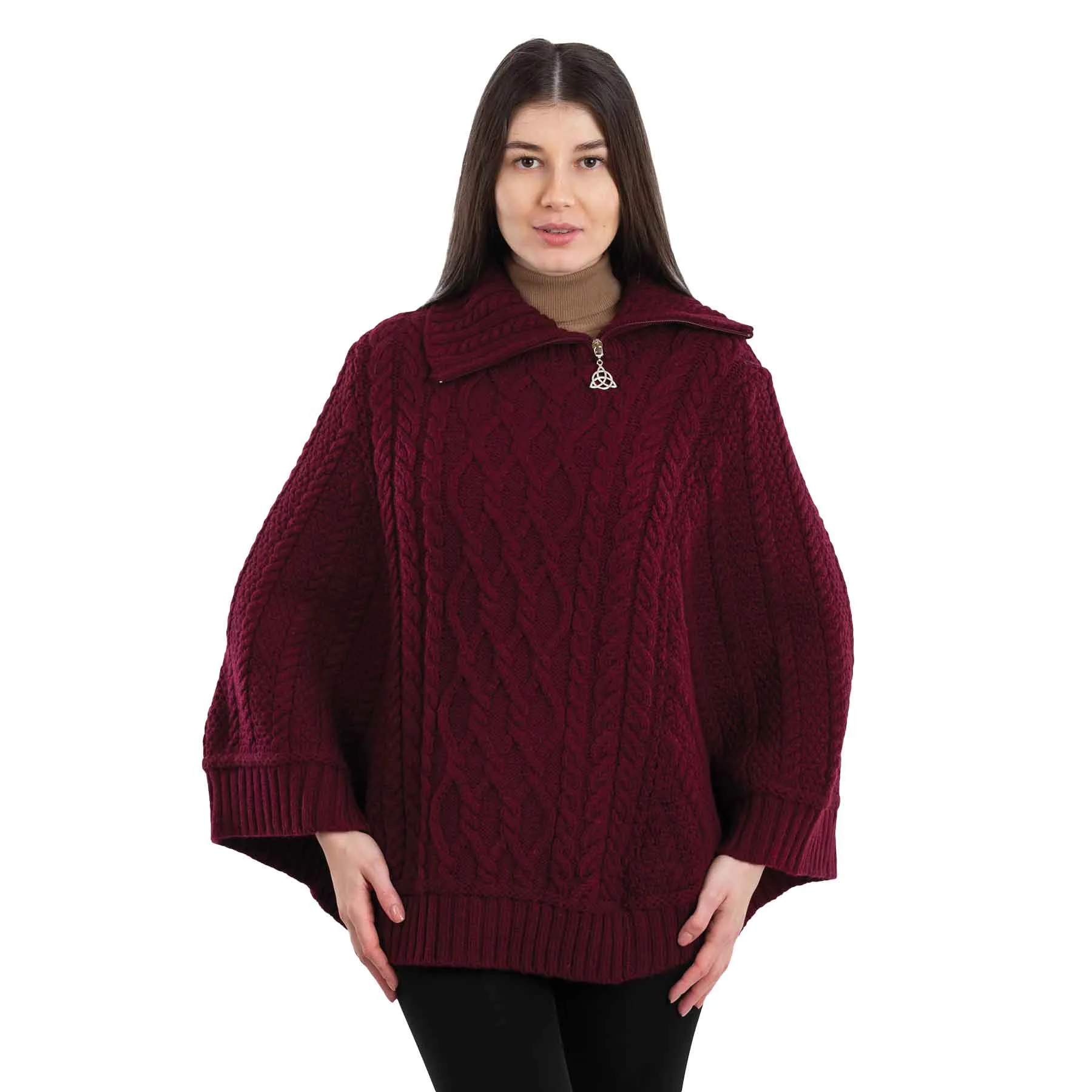 Women's Cowl Neck Zipper Poncho, Wine