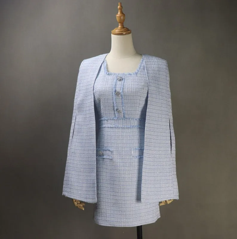 Women's CUSTOM MADE Tweed Blue Coat Cape   Dress/ Skirt/ Trousers(10% Discount)