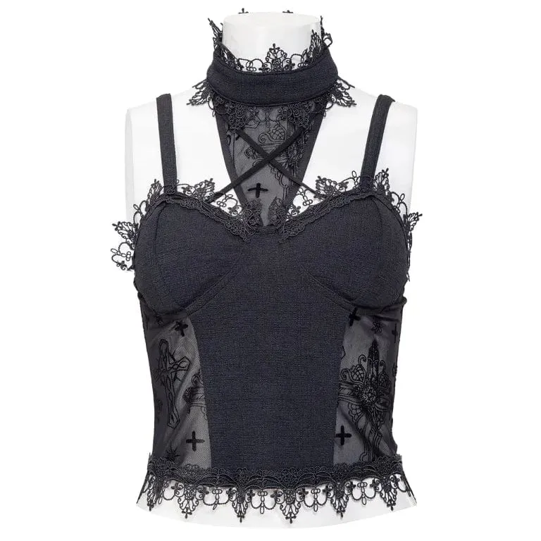 Women's Gothic Stand Collar Mesh Splice Tank Top