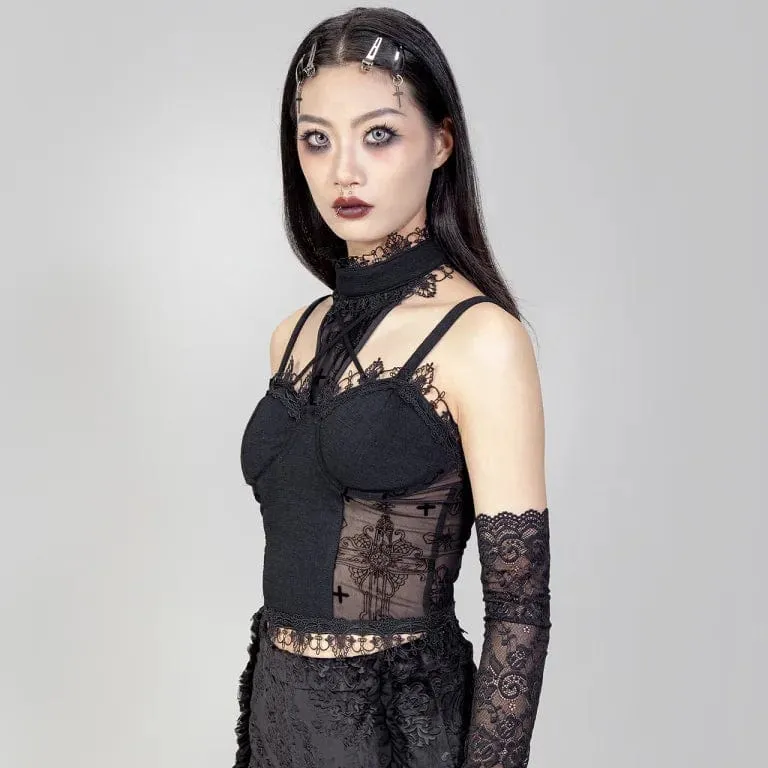 Women's Gothic Stand Collar Mesh Splice Tank Top