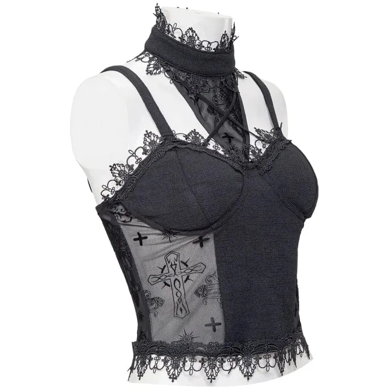 Women's Gothic Stand Collar Mesh Splice Tank Top