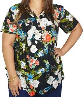 Women's Plus Size Floral Blouses Henley V Neck Button Up Top Ruffle Flowy Short Sleeve Tunics