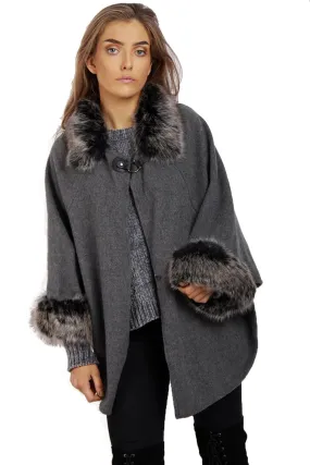 Wooly Faux Fur Collar Knitted Cape Buckle Poncho with Fur Cuffs