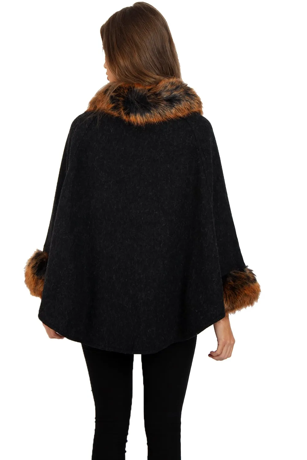 Wooly Faux Fur Collar Knitted Cape Buckle Poncho with Fur Cuffs