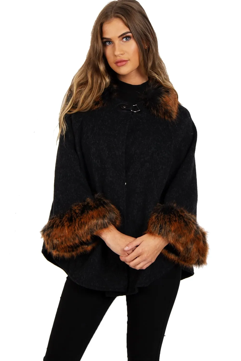 Wooly Faux Fur Collar Knitted Cape Buckle Poncho with Fur Cuffs