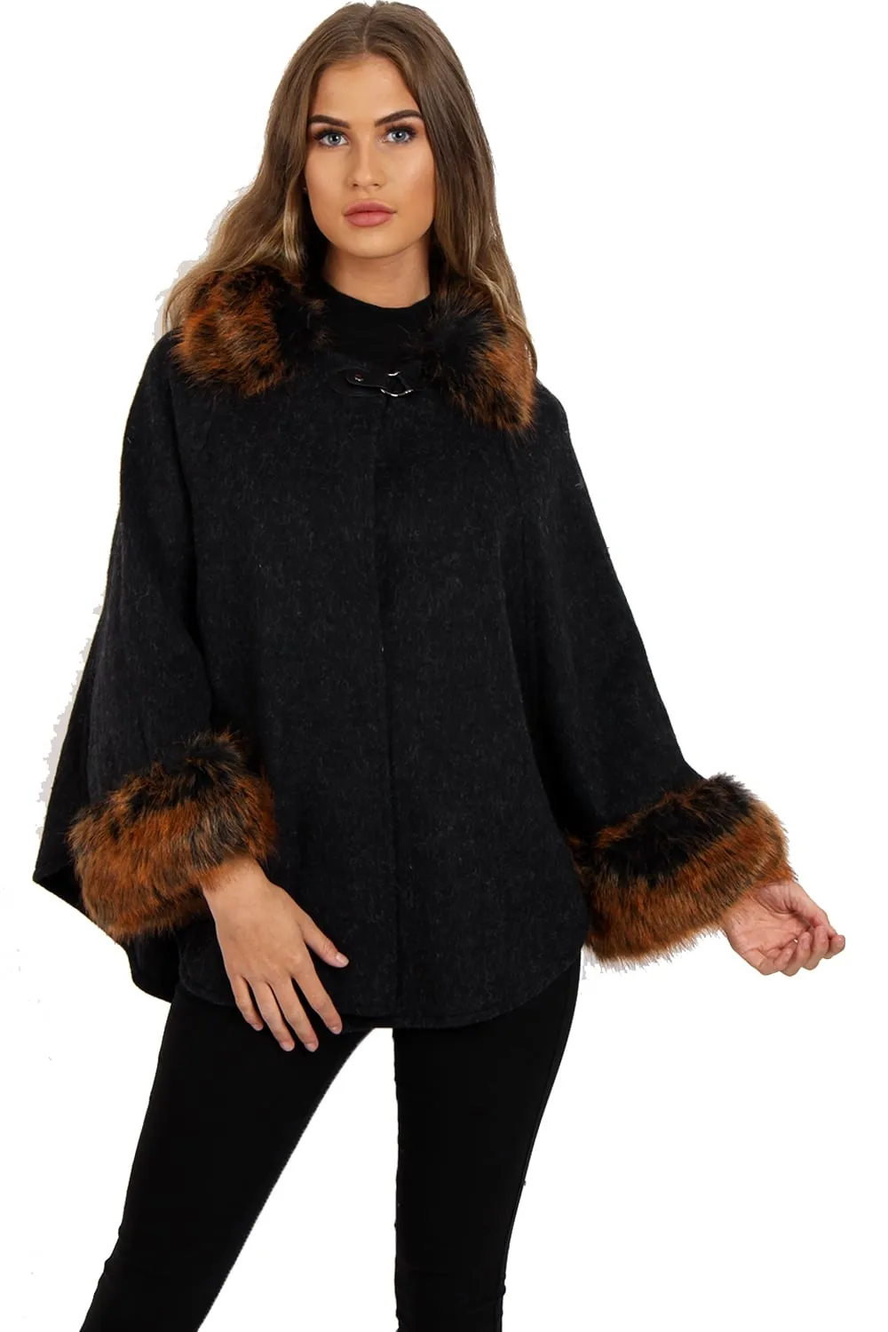 Wooly Faux Fur Collar Knitted Cape Buckle Poncho with Fur Cuffs