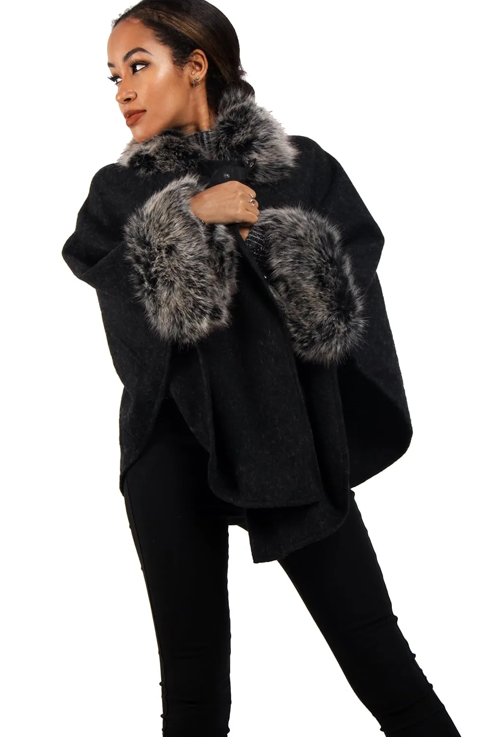 Wooly Faux Fur Collar Knitted Cape Buckle Poncho with Fur Cuffs