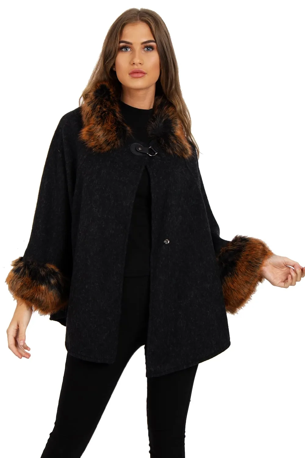 Wooly Faux Fur Collar Knitted Cape Buckle Poncho with Fur Cuffs