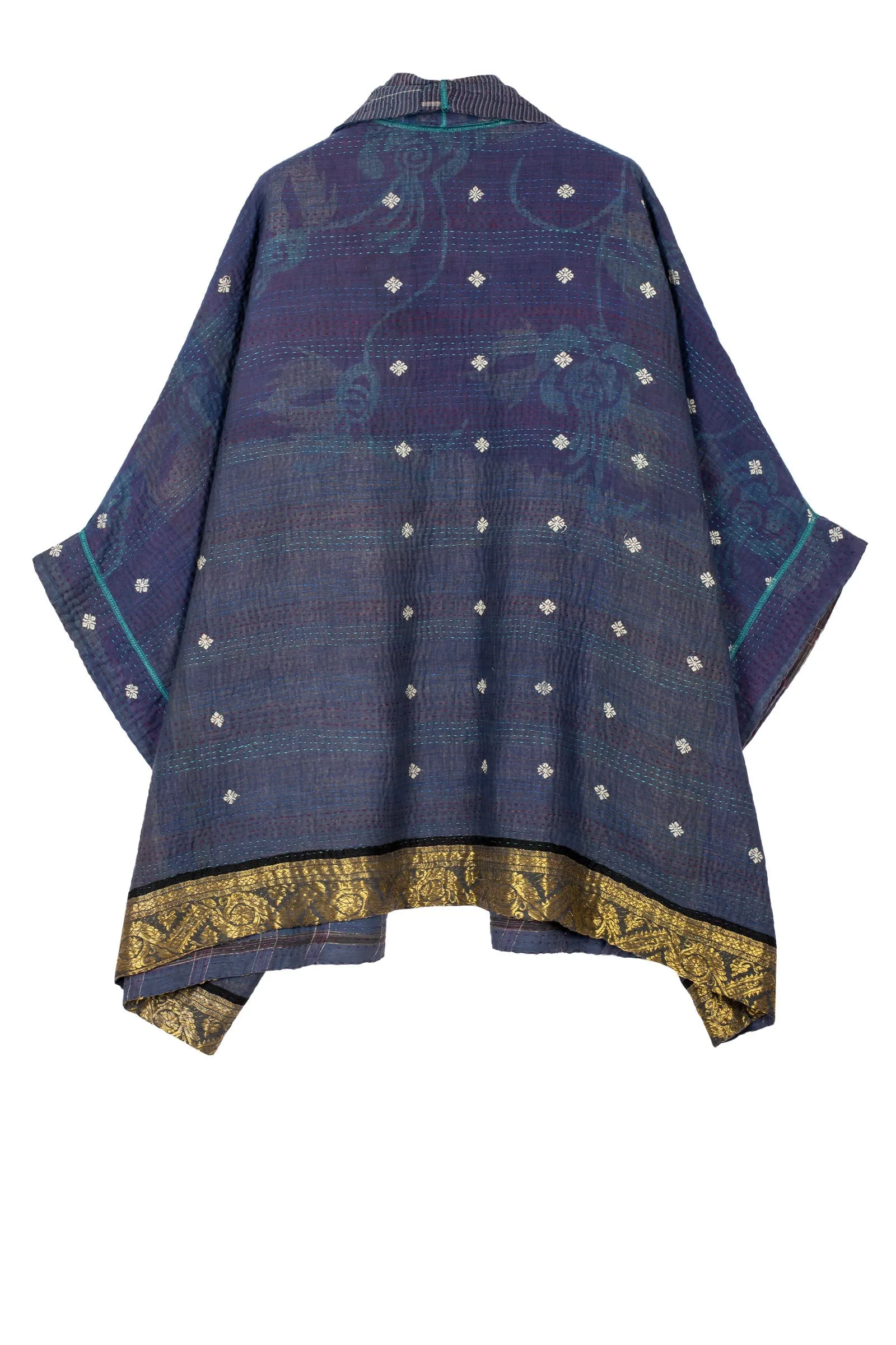 WOVEN VINTAGE COTTON KANTHA DOUBLE COLLAR PONCHO - fw4323-5001a -