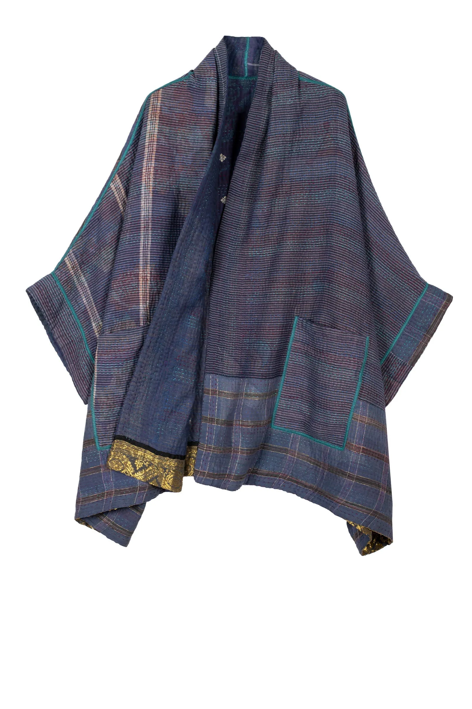 WOVEN VINTAGE COTTON KANTHA DOUBLE COLLAR PONCHO - fw4323-5001a -