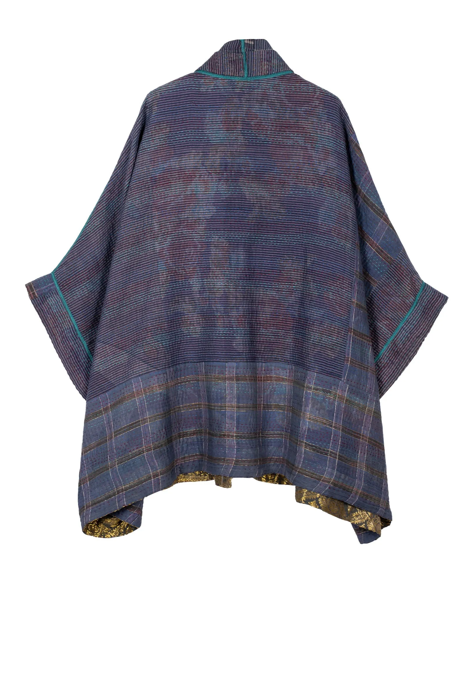 WOVEN VINTAGE COTTON KANTHA DOUBLE COLLAR PONCHO - fw4323-5001a -