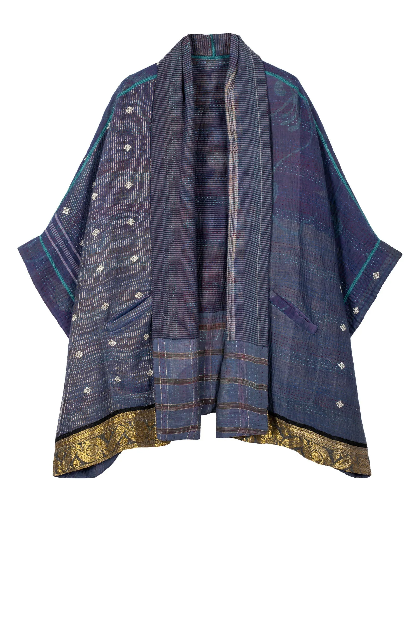 WOVEN VINTAGE COTTON KANTHA DOUBLE COLLAR PONCHO - fw4323-5001a -