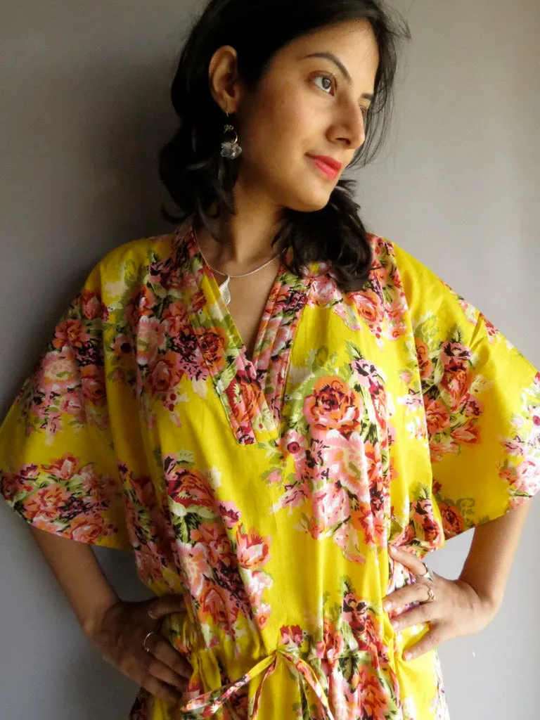 Yellow Floral Posy V-Neck, Ankle Length, Cinched Waist Caftan