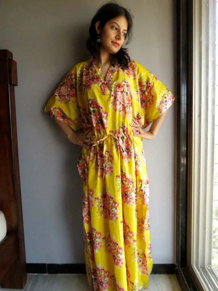 Yellow Floral Posy V-Neck, Ankle Length, Cinched Waist Caftan