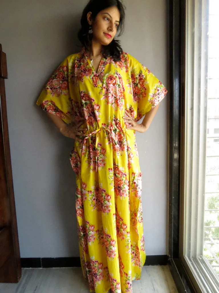 Yellow Floral Posy V-Neck, Ankle Length, Cinched Waist Caftan