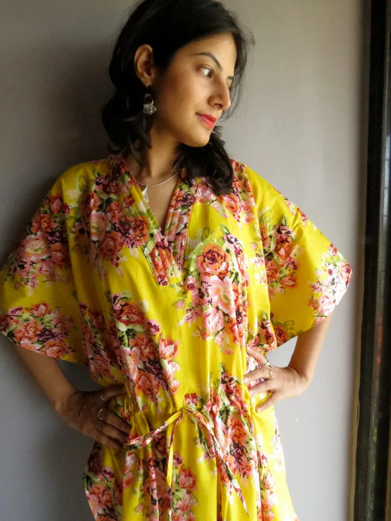 Yellow Floral Posy V-Neck, Ankle Length, Cinched Waist Caftan