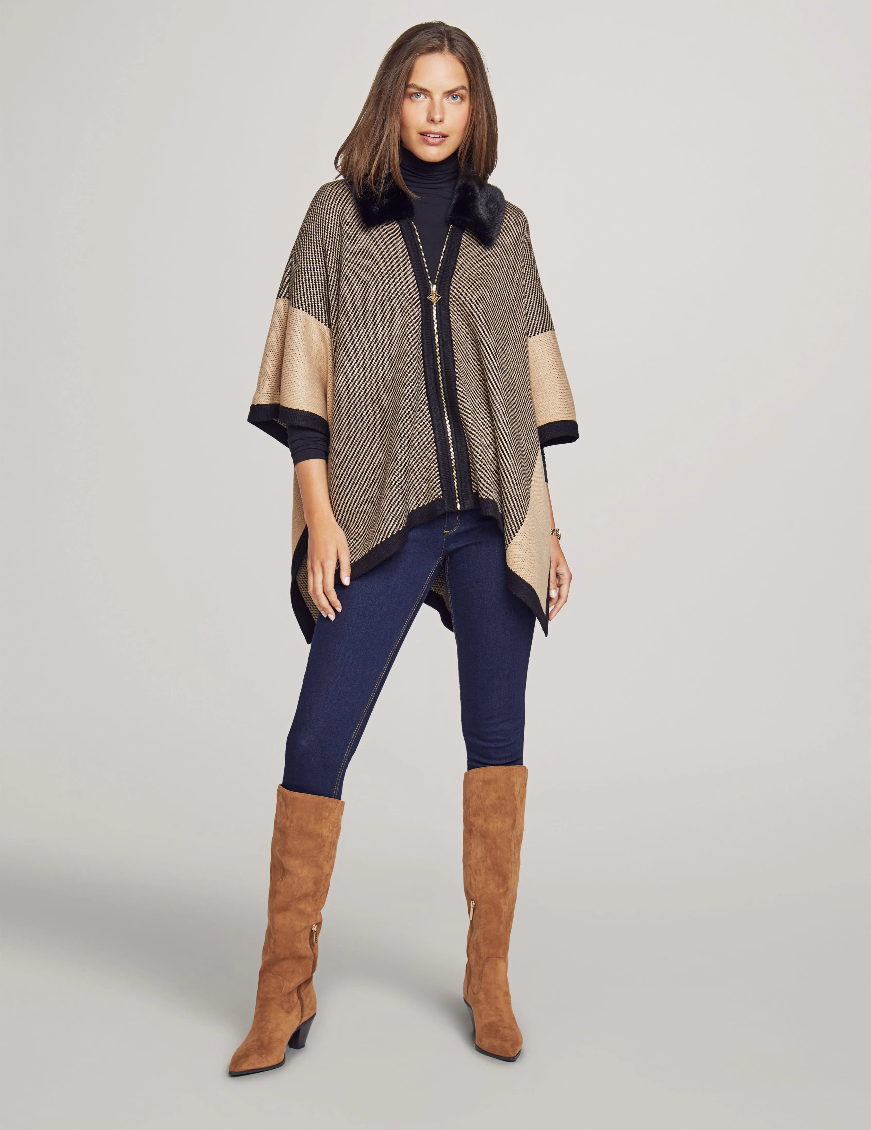 Zip Front Poncho With Fur  - Sale